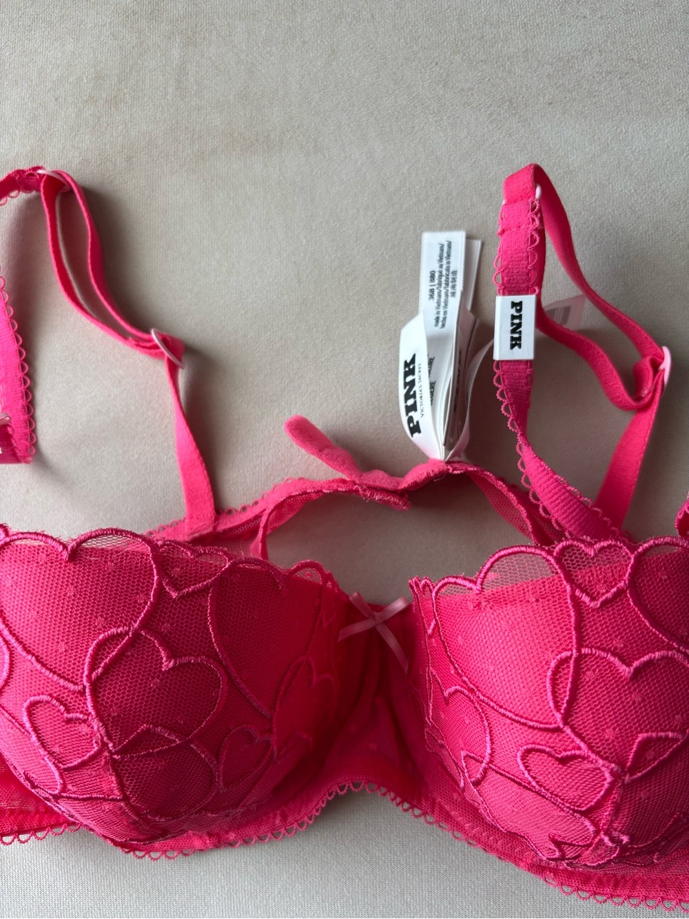 PINK Victoria's Secret Hot Pink Heart Lace Underwire Bra with Bow